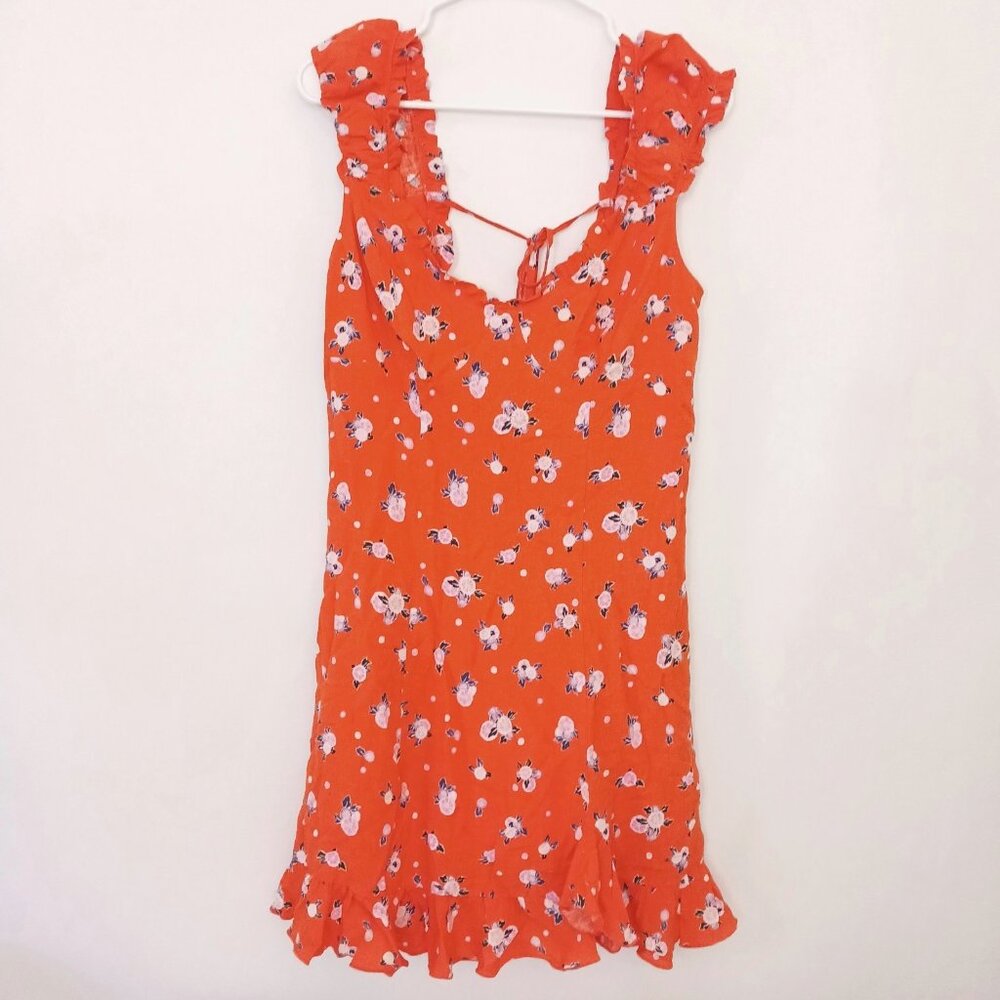 Free People Like A Lady Linen Blend Mini Dress Orange Large Fruit Ruffles NWT - Picture 2 of 12
